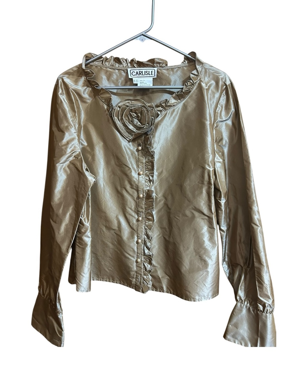 Vintage Carlisle Metallic Gold Ruffle Rosette Blouse 100% silk